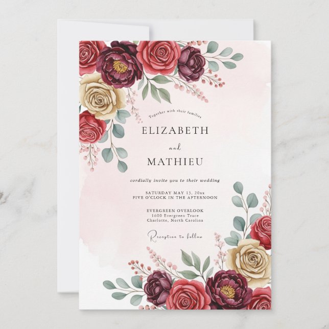 Convites Casamento Floral Exquisito Borgonha (Frente)