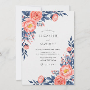 Convites Casamento Floral Exquisito em Azul Marinho e Pêsse