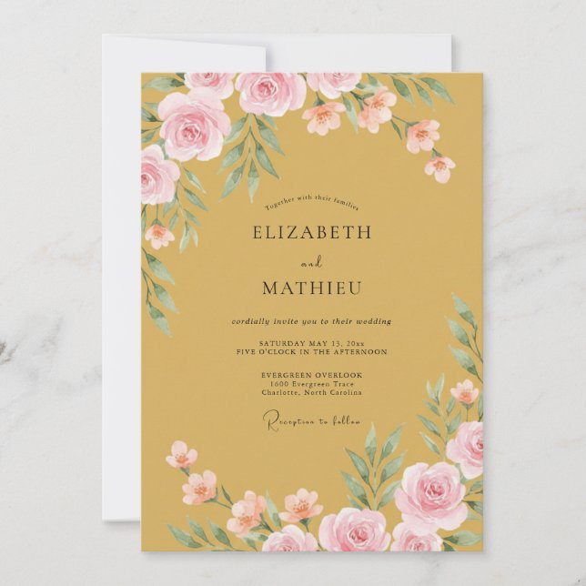 Convites Casamento Floral Exquisito em Ocre (Frente)
