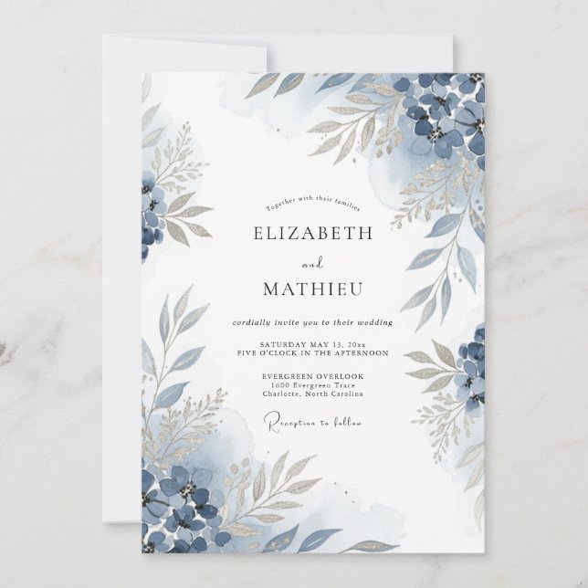 Convites Casamento Floral Exuberante Azul Ardósia (Frente)