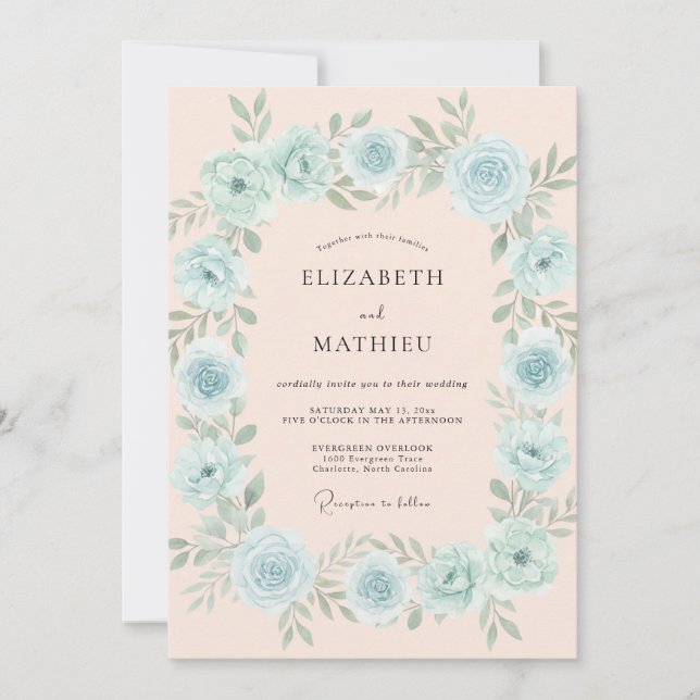 Convites Casamento Floral Exuberante Azul Céu (Frente)