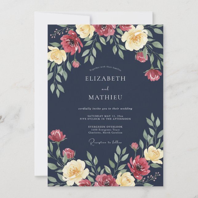 Convites Casamento Floral Exuberante Azul Naval (Frente)