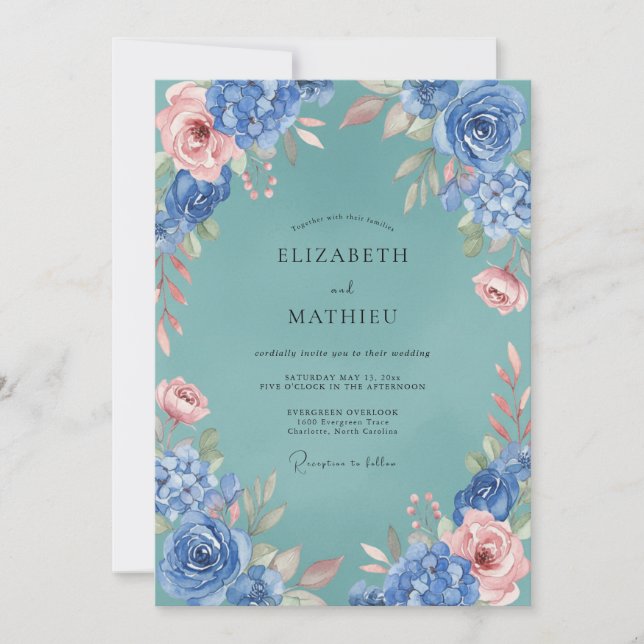 Convites Casamento Floral Exuberante Azul Rosa (Frente)