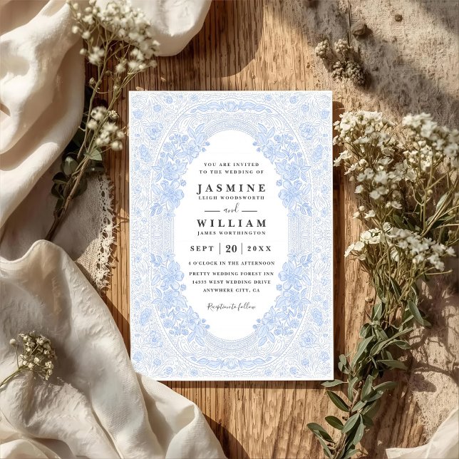 Convites Casamento Floral Exuberante Código QR Azul Pastel  (Criador carregado)
