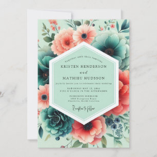 Convites Casamento Floral Exuberante Coral Menta