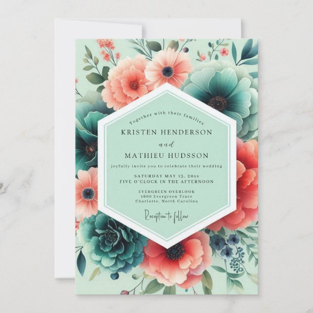 Convites Casamento Floral Exuberante Coral Menta (Frente)