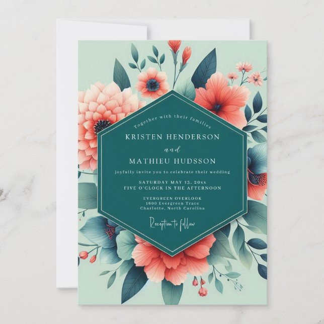 Convites Casamento Floral Exuberante Coral Turquesa (Frente)