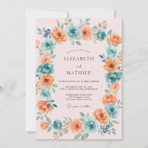 Convites Casamento Floral Exuberante Coral Turquesa
