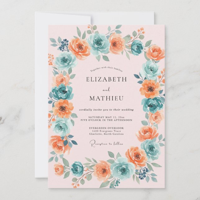 Convites Casamento Floral Exuberante Coral Turquesa (Frente)