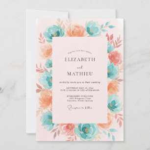 Convites Casamento Floral Exuberante Coral Verde-água