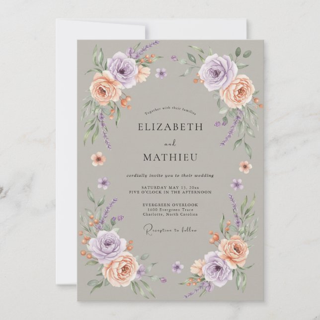 Convites Casamento Floral Exuberante de Lavanda e Pêssego (Frente)
