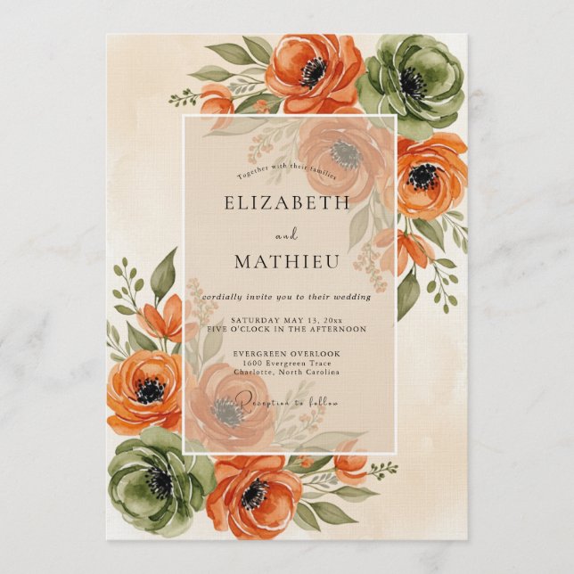 Convites Casamento Floral Exuberante de Outono Laranja (Frente)