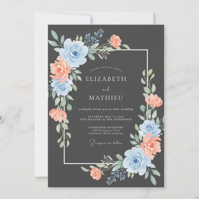 Convites Casamento Floral Exuberante de Pêssego Azul (Frente)