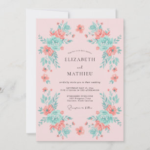 Convites Casamento Floral Exuberante de Pêssego e Hortelã