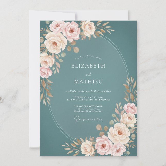 Convites Casamento Floral Exuberante Elegante Turquesa (Frente)