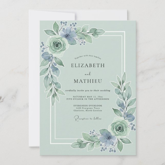 Convites Casamento Floral Exuberante em Azul Sage (Frente)