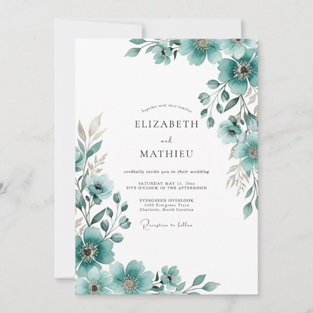 Convites Casamento Floral Exuberante em Azul Turquesa Pinta (Frente)
