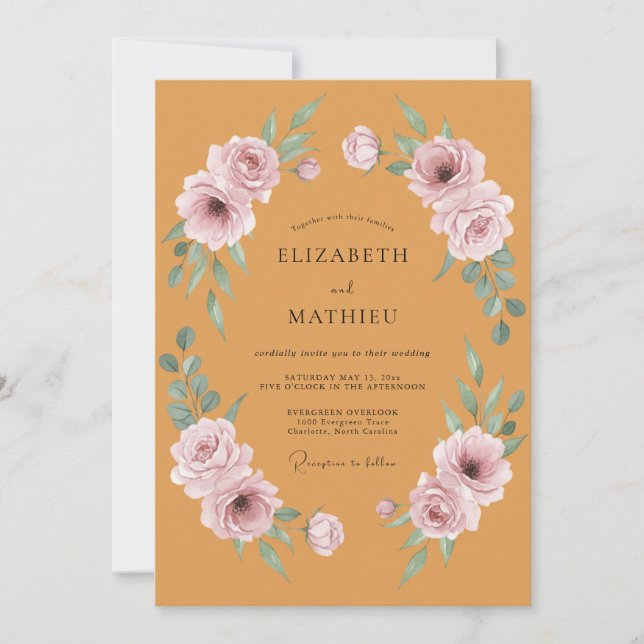 Convites Casamento Floral Exuberante em Laranja Queimada (Frente)