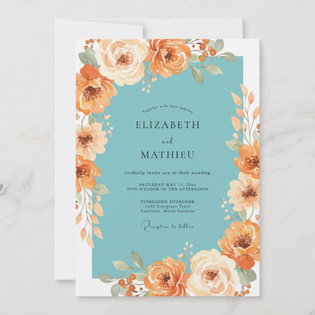 Convites Casamento Floral Exuberante em Teal e Pêssego (Frente)