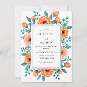 Convites Casamento Floral Exuberante em Tons de Pêssego e T