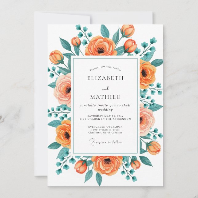 Convites Casamento Floral Exuberante em Tons de Pêssego e T (Frente)