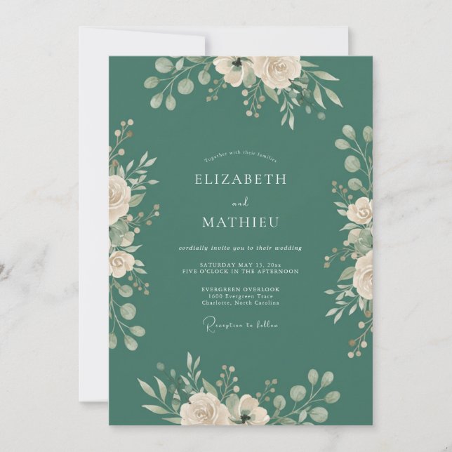 Convites Casamento Floral Exuberante em Verde-água (Frente)