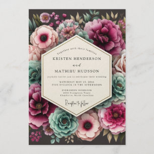 Convites Casamento Floral Exuberante em Verde-azulado e Mag