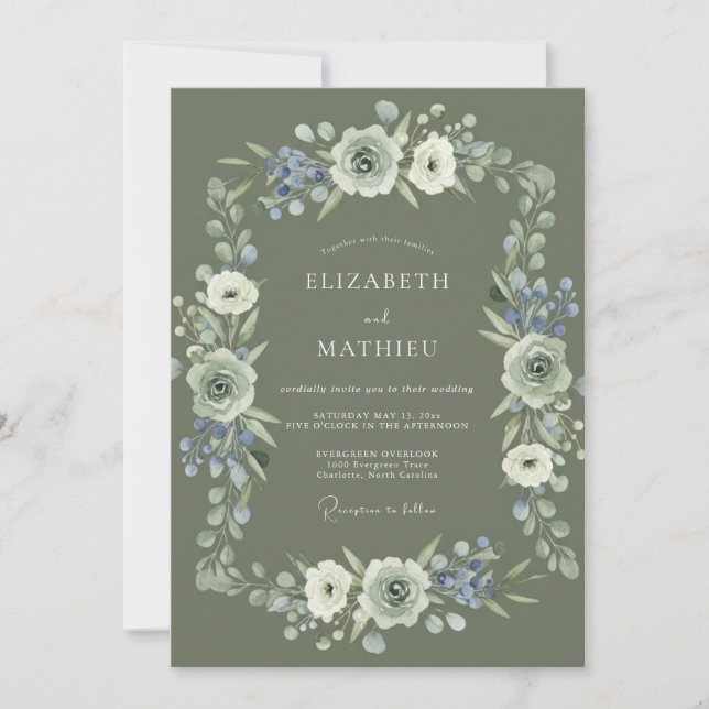 Convites Casamento Floral Exuberante em Verde Sage (Frente)