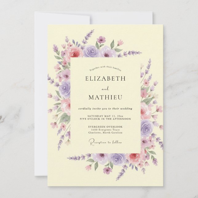 Convites Casamento Floral Exuberante Lavanda Rubor (Frente)