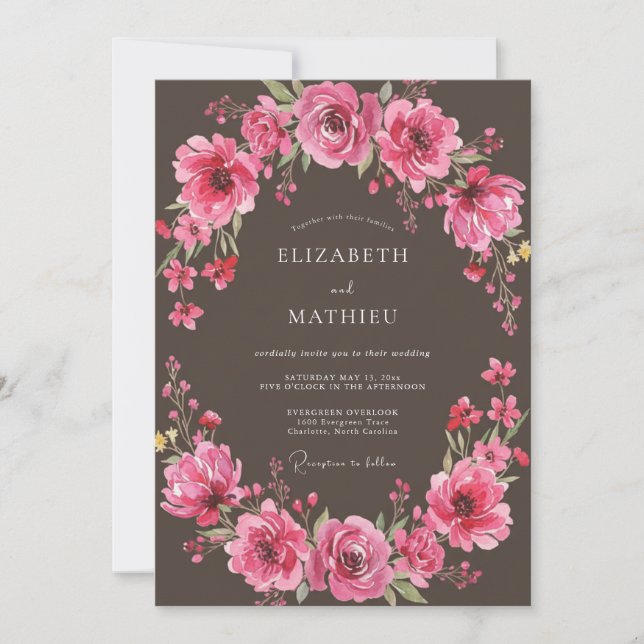 Convites Casamento Floral Exuberante Magenta (Frente)