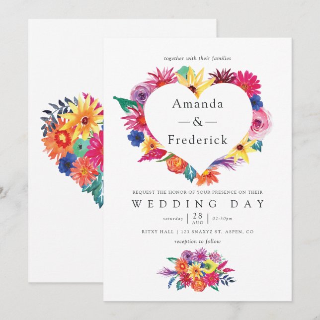 Convites Casamento Floral Fiesta Aquarela (Frente/Verso)