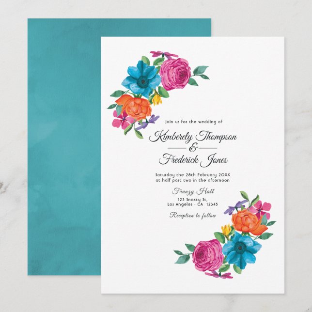 Convites Casamento Floral Fiesta Aquarela (Frente/Verso)