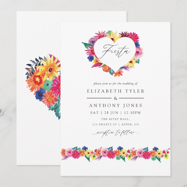 Convites Casamento Floral Fiesta em Aquarela (Frente/Verso)