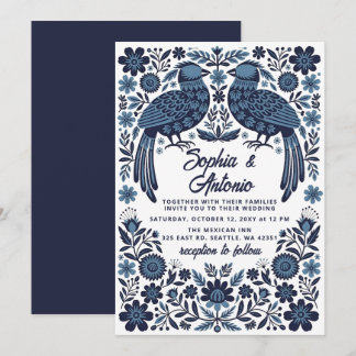 Convites Casamento Floral Fiesta Otomi Pássaros Azuis Mexic