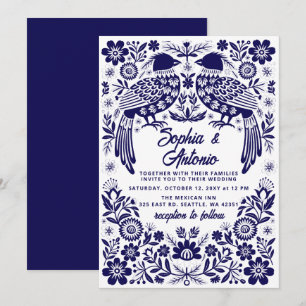 Convites Casamento Floral Fiesta Otomi Pássaros Azuis Mexic