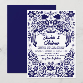 Convites Casamento Floral Fiesta Otomi Pássaros Azuis Mexic