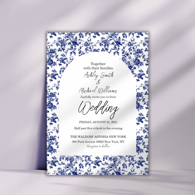 Convites Casamento Floral Floral Azul Elegante Toile De Jou (Criador carregado)