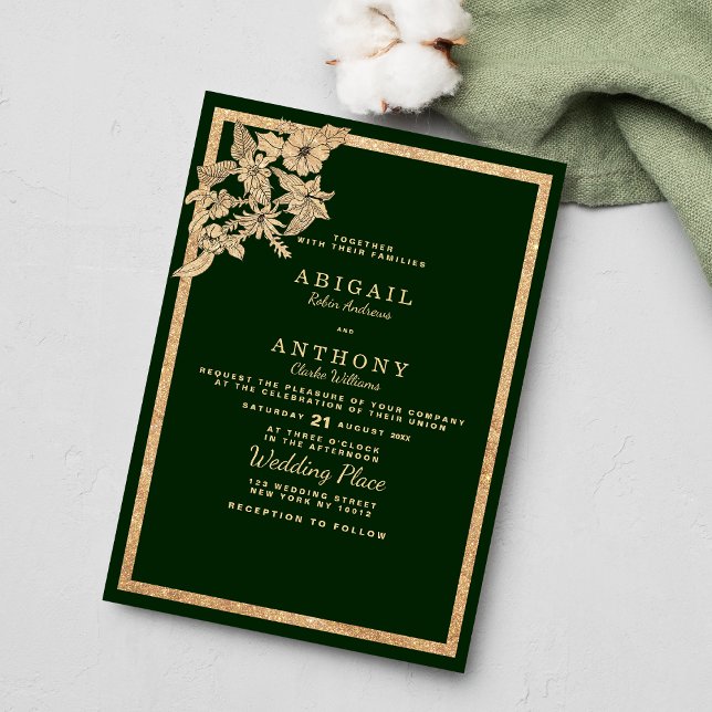 Convites Casamento floral floral com brilho verde-escuro da (Chic dark forest green gold glitterChic dark forest green gold glitter fl floral Wedding Invitation )