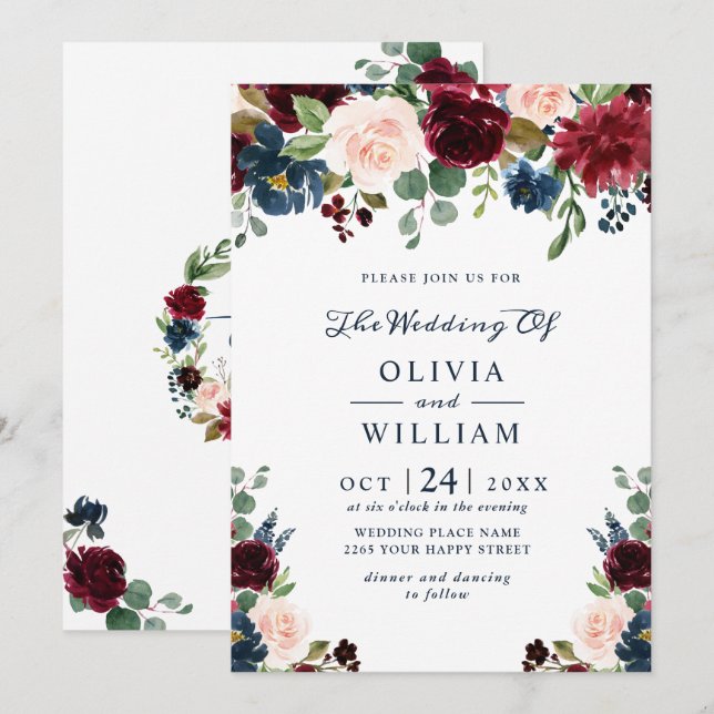 Convites Casamento Floral Floral Marinho Azul Blush Waterco (Frente/Verso)