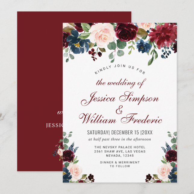 Convites Casamento Floral Floral Marinho Azul Blush Waterco (Frente/Verso)