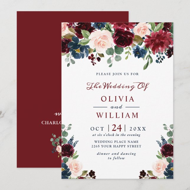 Convites Casamento Floral Floral Marinho Azul Blush Waterco (Frente/Verso)