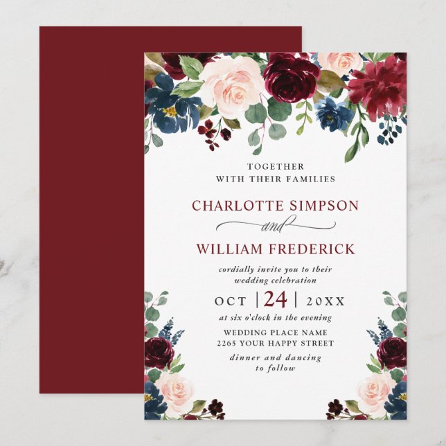 Convites Casamento Floral Floral Marinho Azul Blush Waterco (Frente/Verso)