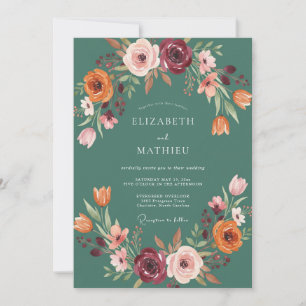 Convites Casamento Floral Florescente de Outono em Verde-az