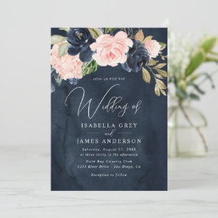 Convites Casamento Floral Folhagem Azul Elegante Rosa