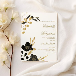 Convites Casamento floral folhagem luxuosa elegante ouro pr