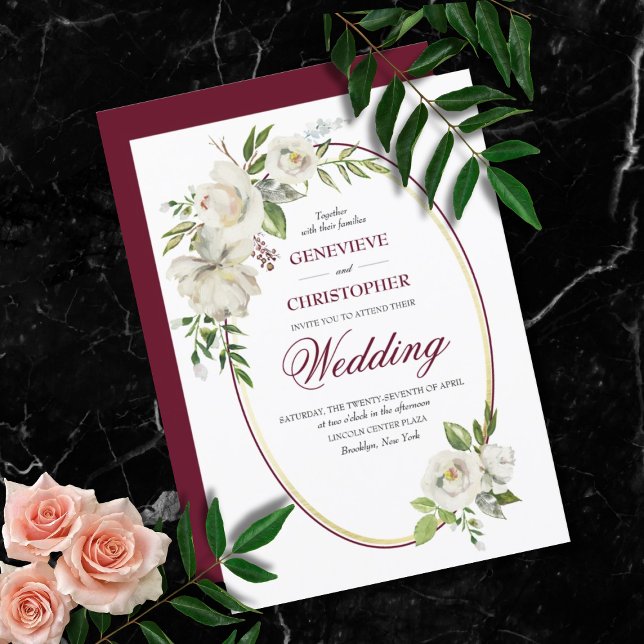 Convites Casamento Floral Formal de Rosa Branca (Formal Burgundy White Rose Floral Botanical Wedding Invitation)