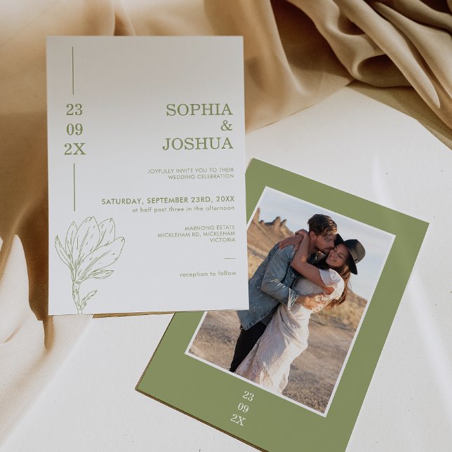 Convites Casamento Floral Foto da Linha Verde de Data de Sa (Modern Green Wedding Invitation Line Floral, Photo Wedding Sage Green Invitation, Floral Line Art )