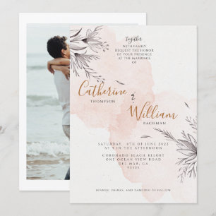 Convites Casamento Floral Foto de Pêssego Corado Elegante