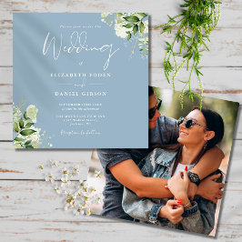 Convites Casamento Floral Foto Quadrada em Azul Poeirento e