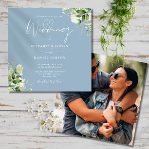 Convites Casamento Floral Foto Quadrada em Azul Poeirento e